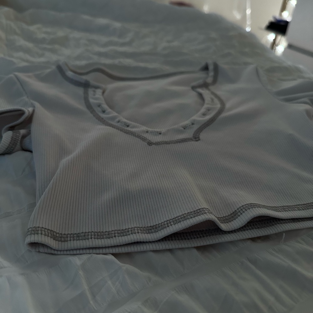 Ribbed Gray Top with Embellished Neckline